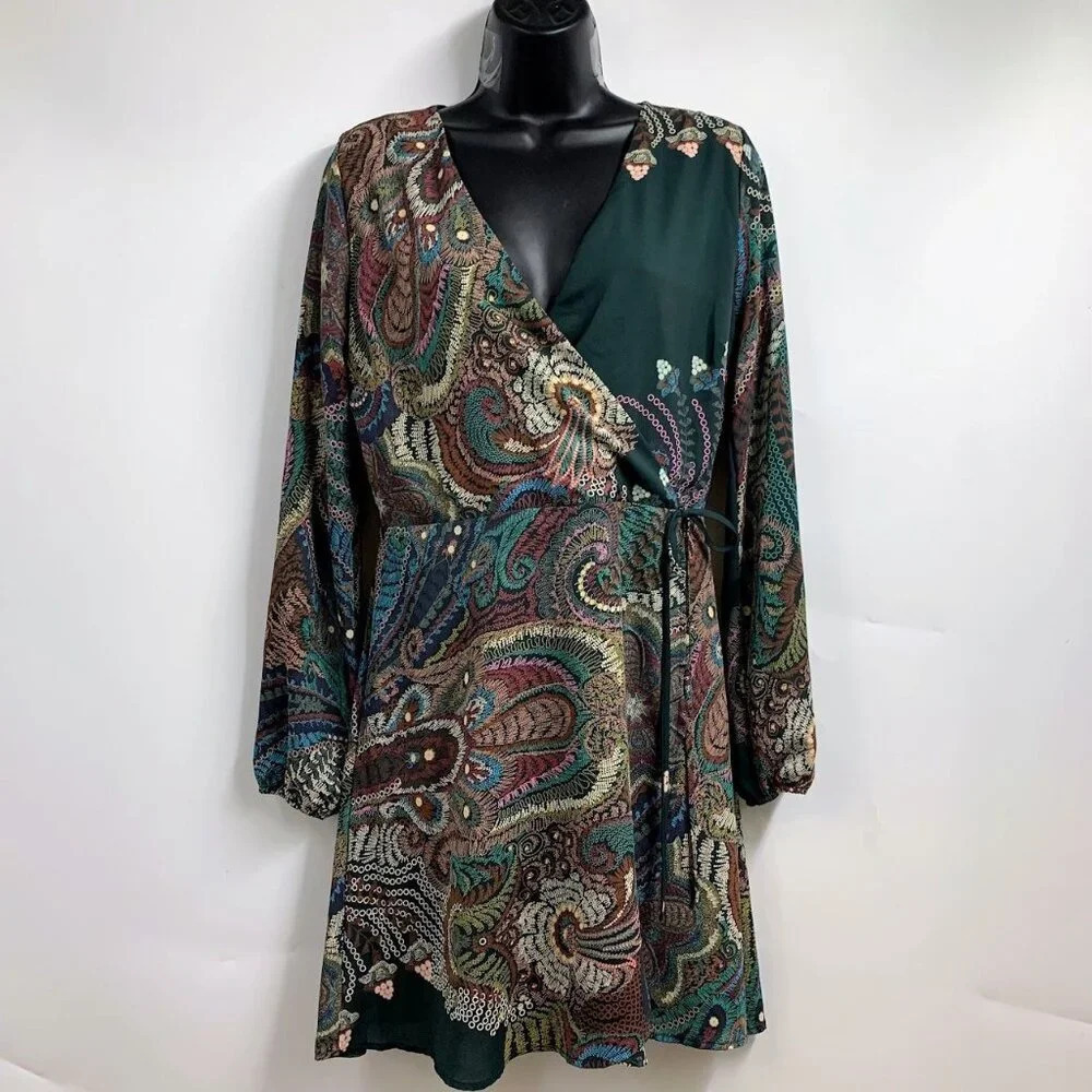 Sadie & Sage Women's V Neck Cross Faux Wrap Long Sleeve Dress SIze M